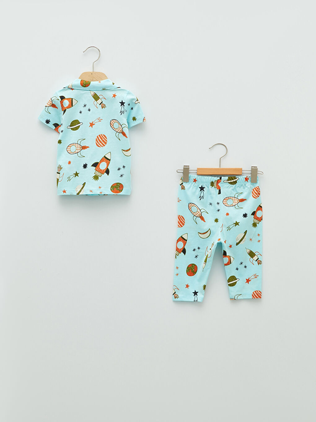 Mavi Gömlek Yaka Kısa Kol Baskılı Erkek Bebek Pijama Takımı-1