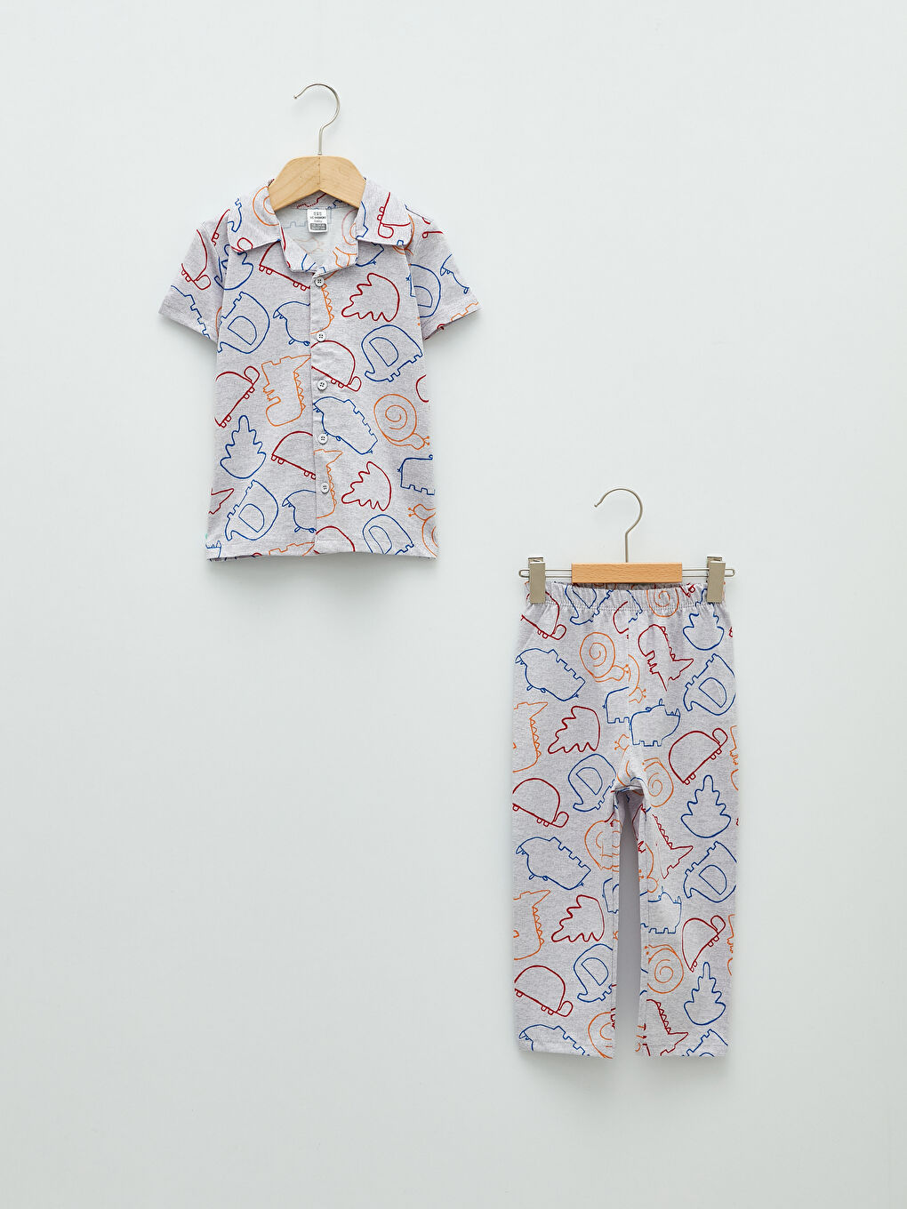 Gri Polo Yaka Kısa Kollu Baskılı Pamuklu Erkek Bebek Pijama Takım