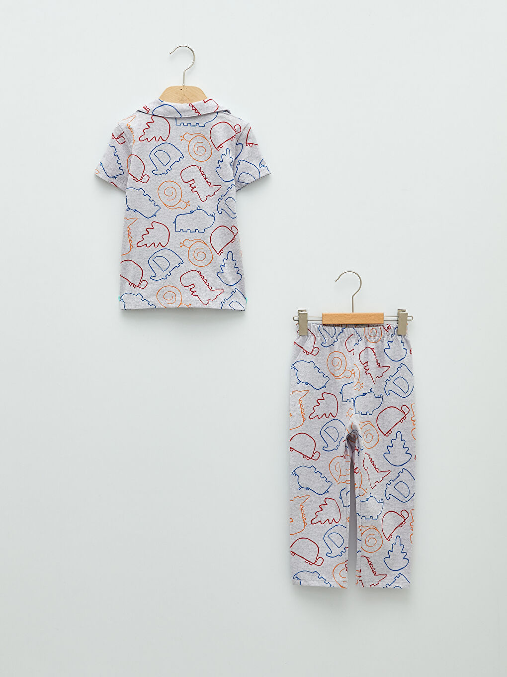 Gri Polo Yaka Kısa Kollu Baskılı Pamuklu Erkek Bebek Pijama Takım-1