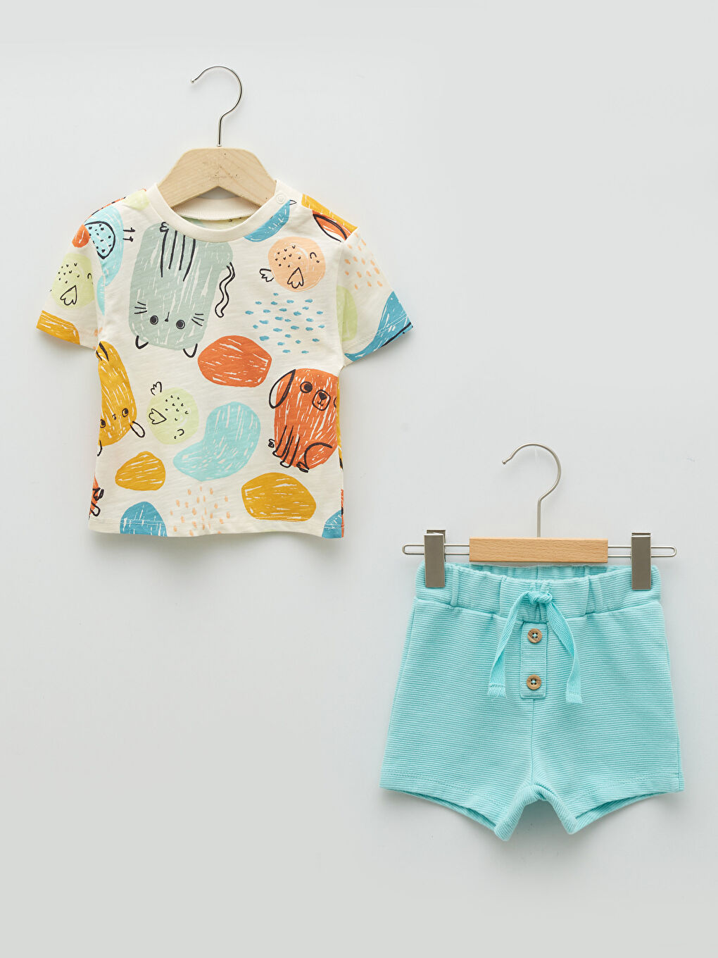 Crew Neck Short Sleeve Printed Baby Boys' T-Shirt and Shorts 2 Pack Set