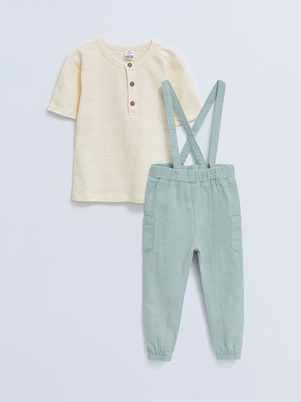 Crew Neck Short Sleeve Basic Cotton Baby Boy T-Shirt and Salopet 2-Pack Set