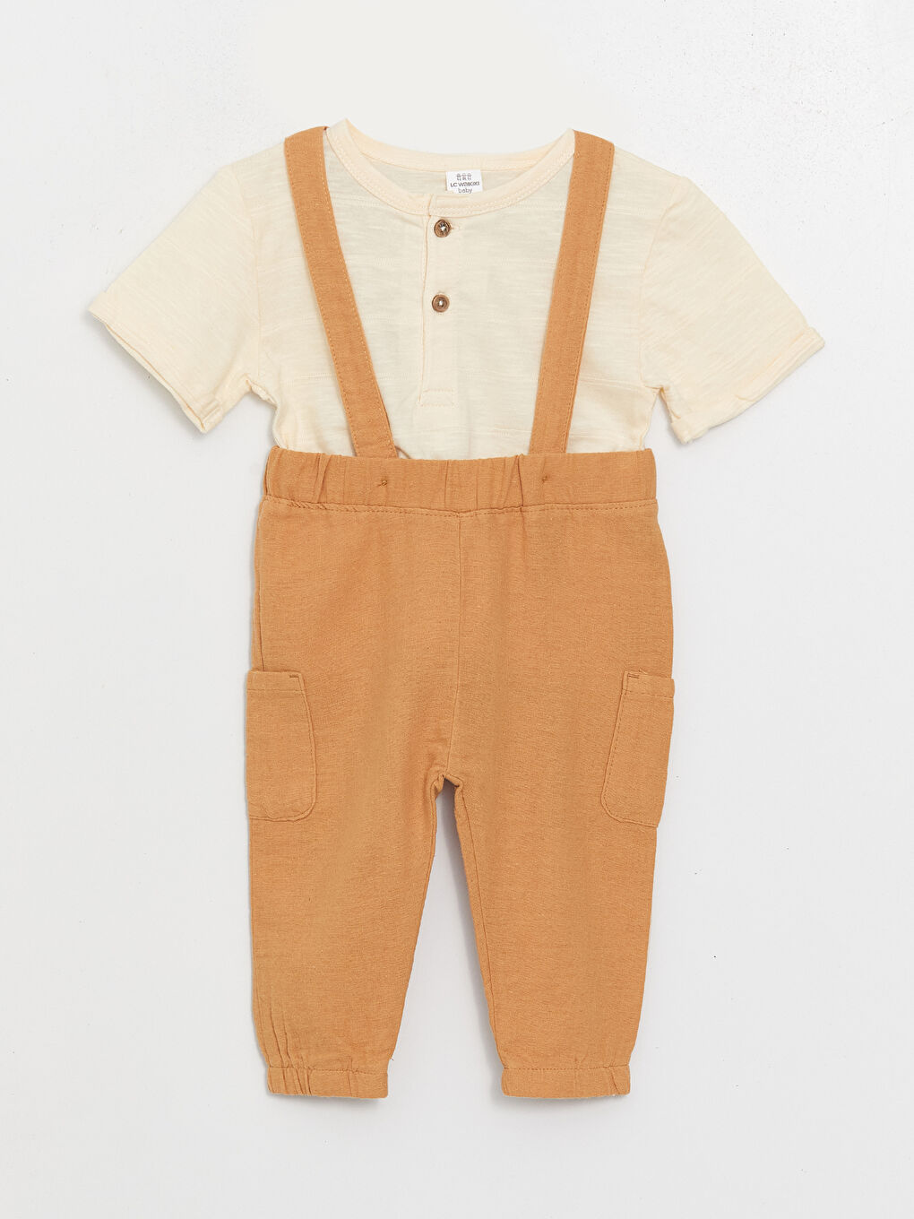 Kahverengi Bisiklet Yaka Kısa Kollu Basic Pamuklu Erkek Bebek Tişört ve Salopet 2'li Takım