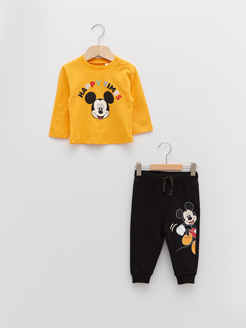 Turuncu Bisiklet Yaka Uzun Kollu Mickey Mouse Baskılı Pamuklu Erkek Bebek Sweatshirt ve Pantolon 2'li Takım