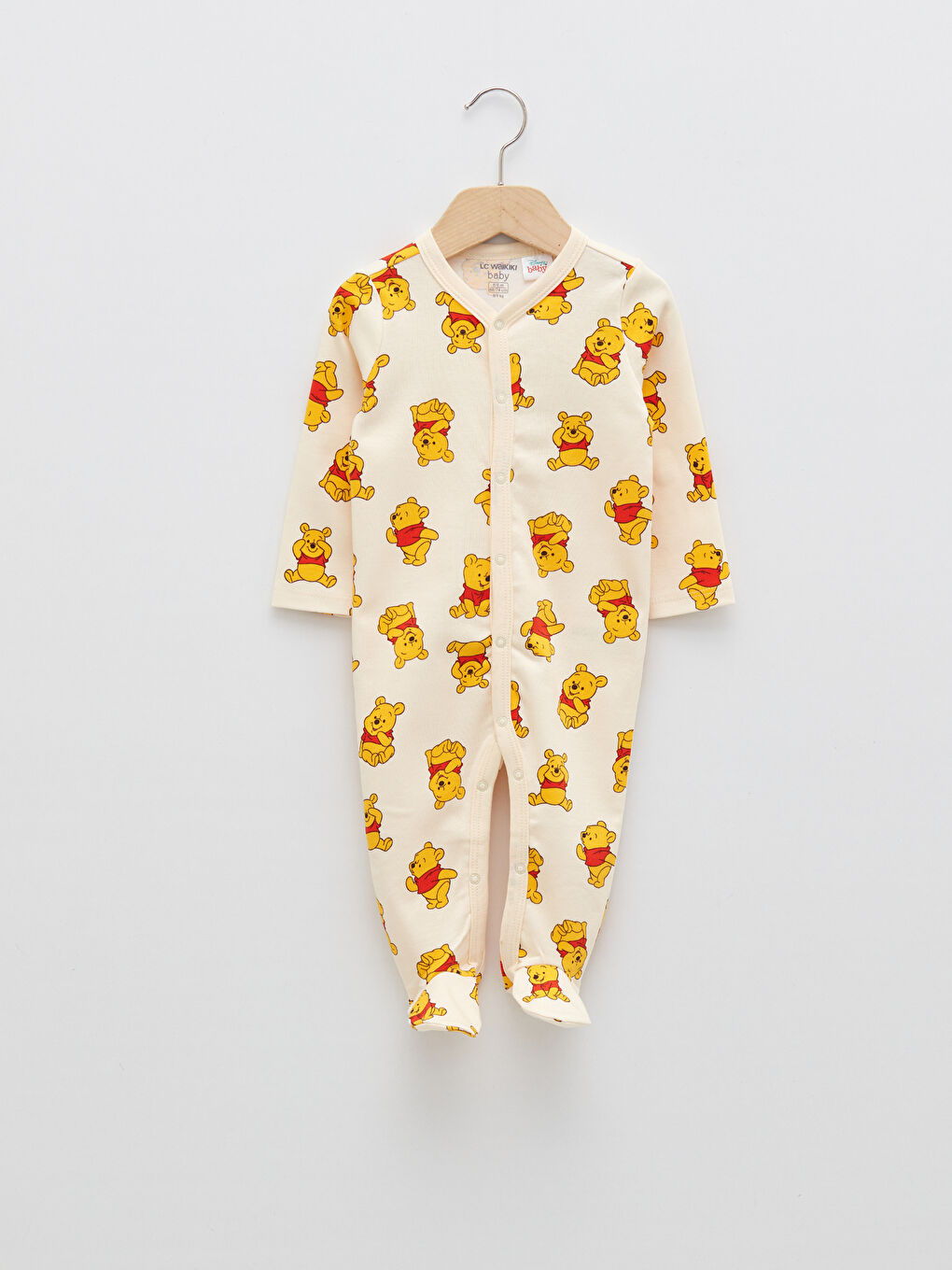Ekru V Yaka Uzun Kollu Winnie the Pooh Baskılı Pamuklu Erkek Bebek Tulum