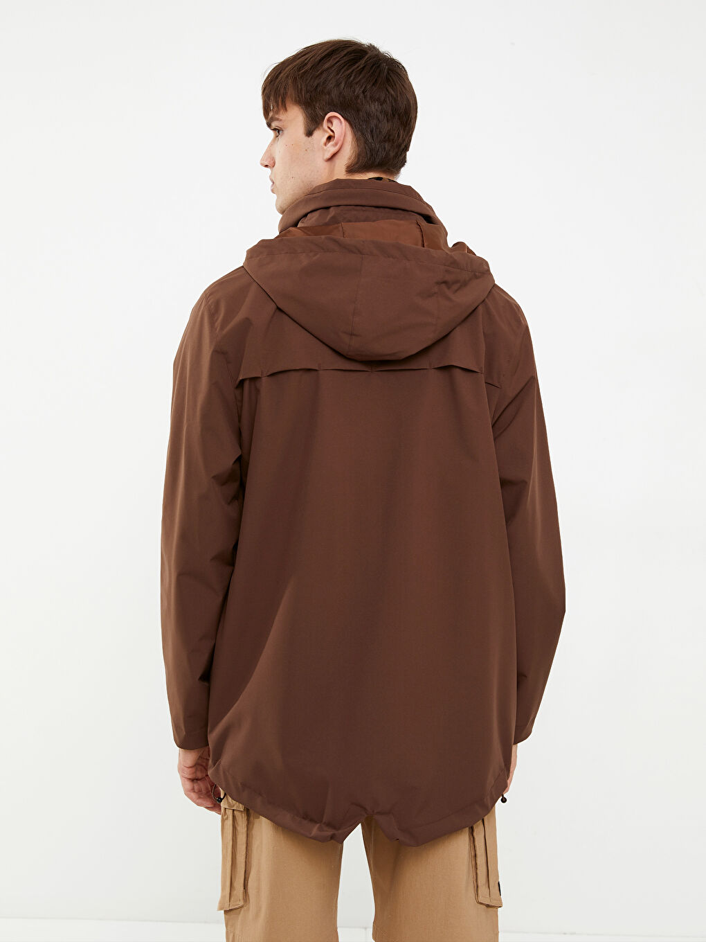 Kahverengi Standart Kalıp Kapüşonlu Erkek Yağmurluk-4