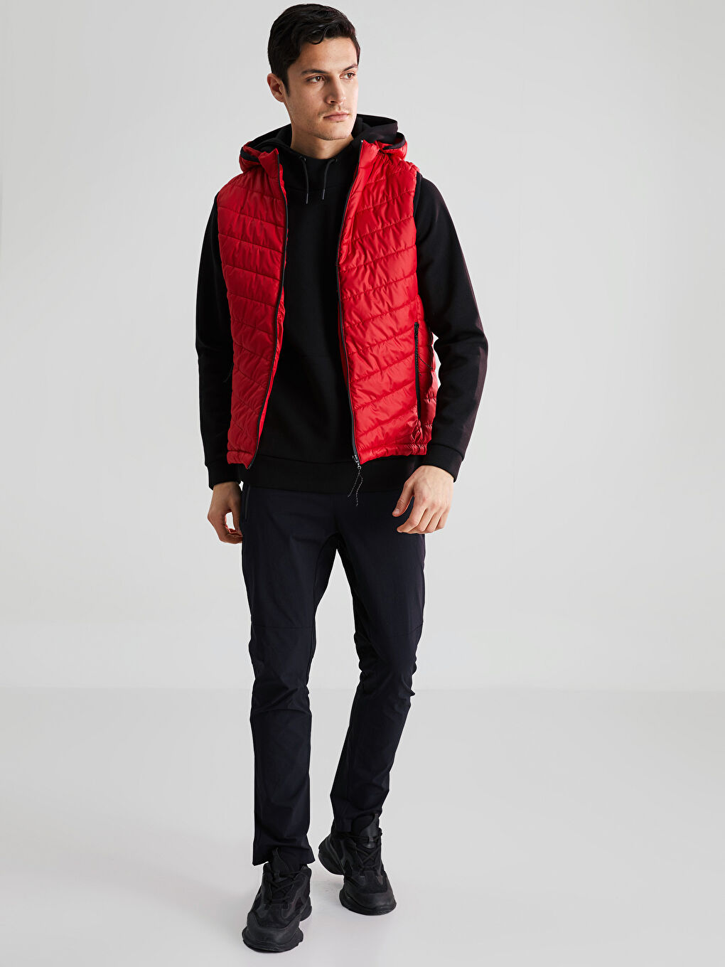 Kırmızı Standart Kalıp Kapüşonlu Erkek Yelek-1