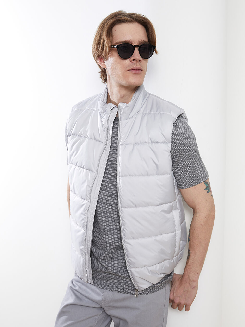 Bej Slim Fit Dik Yaka Erkek Şişme Yelek-2