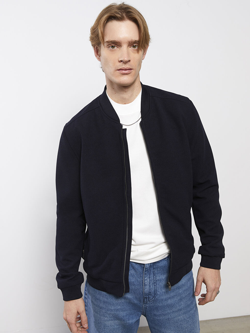 Lacivert Slim Fit Kolej Yaka Bomber Erkek Mont-1