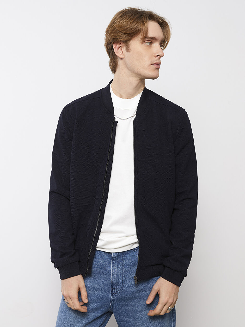 Lacivert Slim Fit Kolej Yaka Bomber Erkek Mont-2