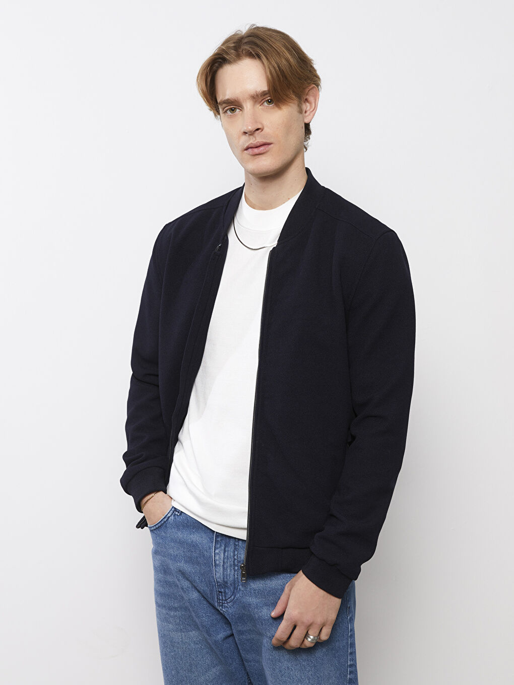 Lacivert Slim Fit Kolej Yaka Bomber Erkek Mont-3