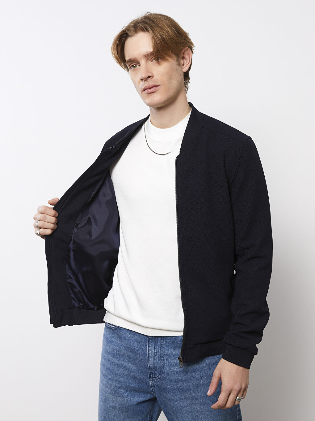 Lacivert Slim Fit Kolej Yaka Bomber Erkek Mont-4