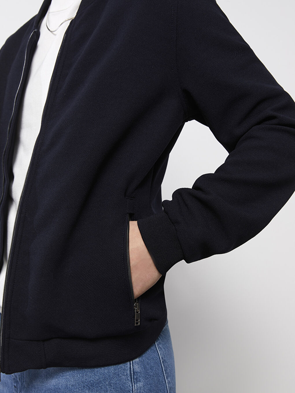 Lacivert Slim Fit Kolej Yaka Bomber Erkek Mont-5