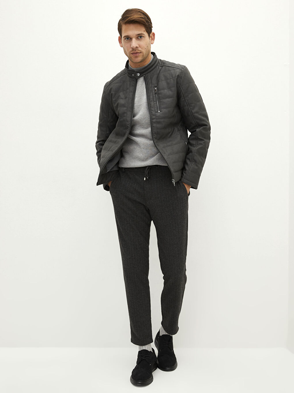 Пальто из искусственной кожи мужское приталенного кроя с байкерским воротником-1