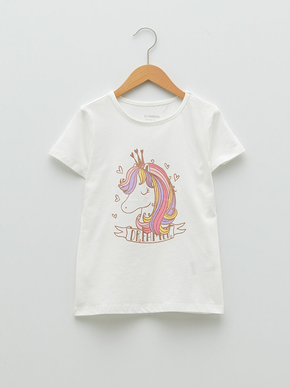 Ekru Bisiklet Yaka Baskılı Kısa Kollu Pamuklu Kız Çocuk Tişört