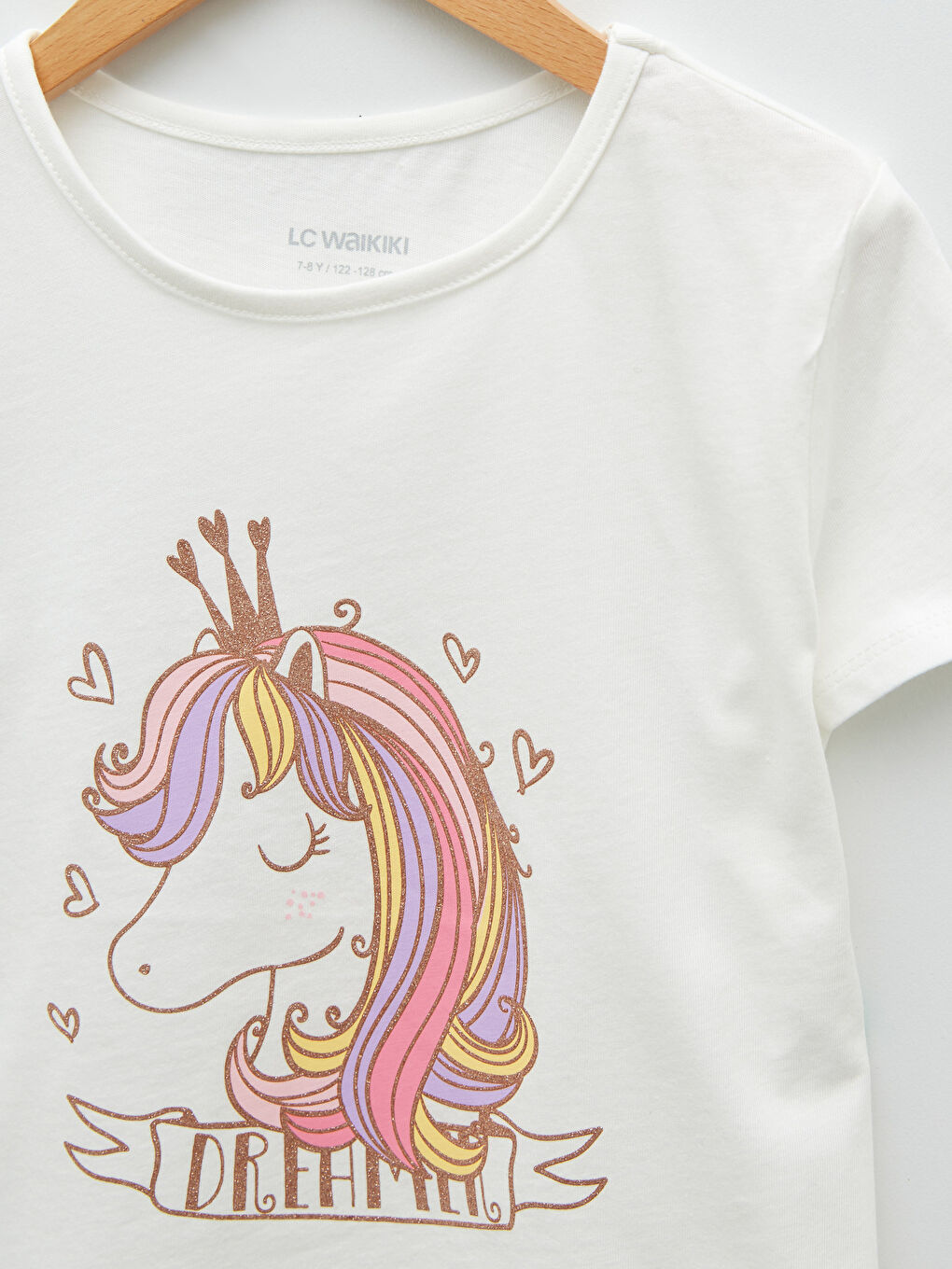 Ekru Bisiklet Yaka Baskılı Kısa Kollu Pamuklu Kız Çocuk Tişört-2