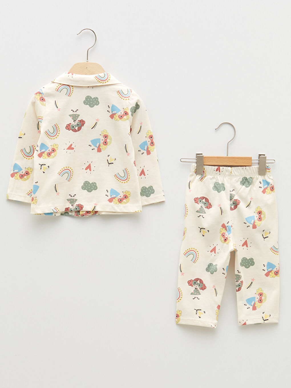 Ekru Polo Yaka Uzun Kollu Baskılı Pamuklu Kız Bebek Pijama Takımı-1