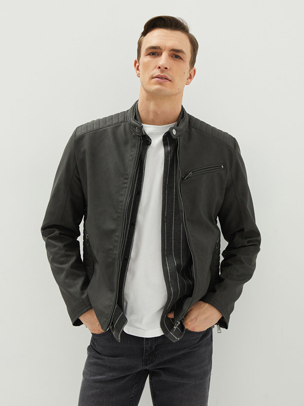 Slim Fit Biker Neck Men's Faux Leather Coat