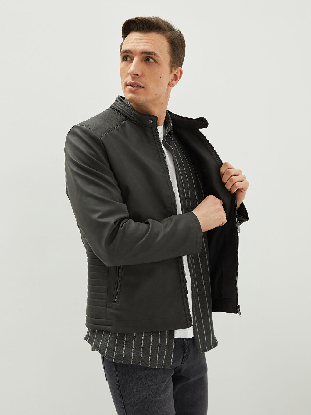 Slim Fit Biker Neck Men's Faux Leather Coat-1