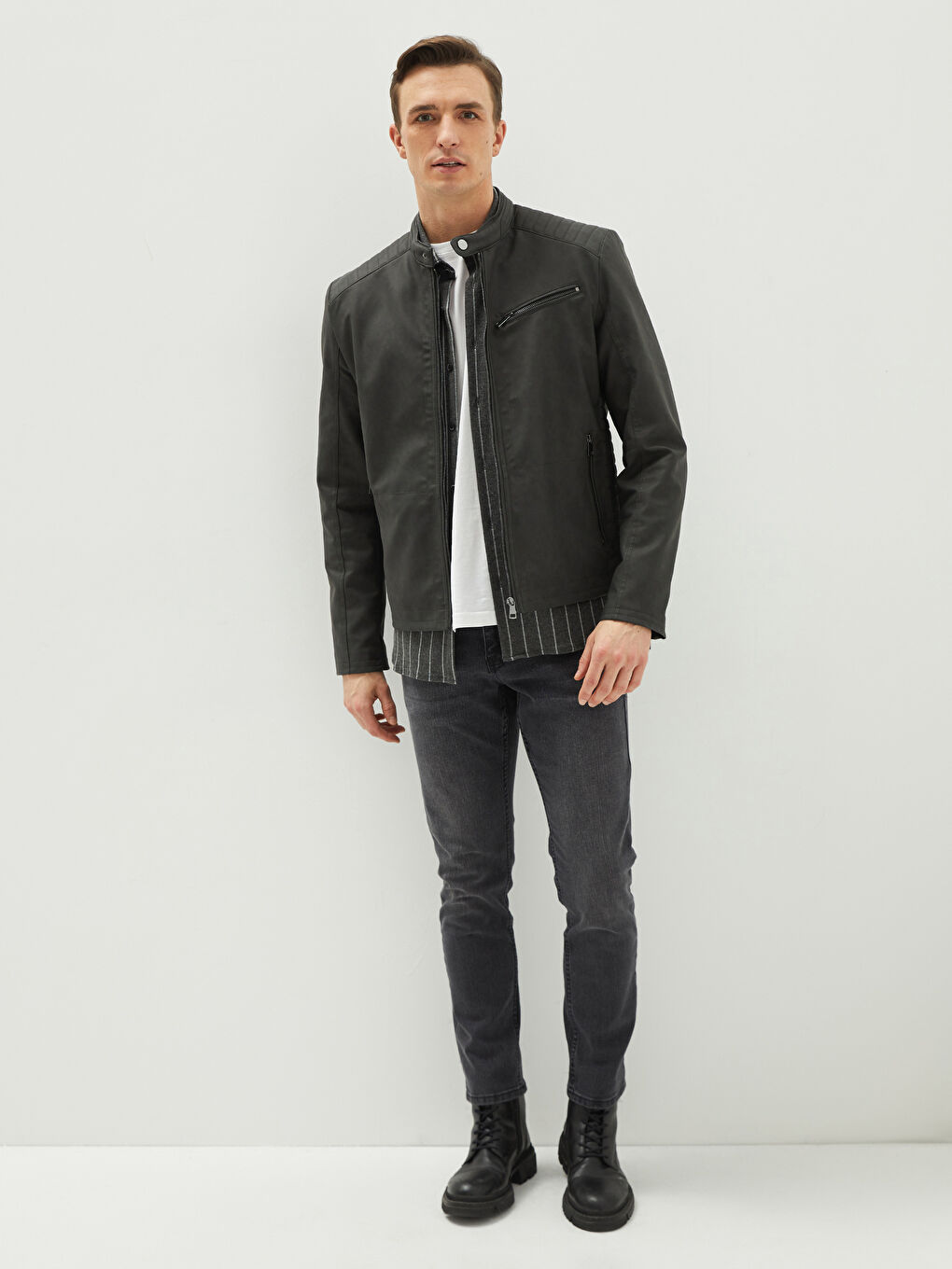 Slim Fit Biker Neck Men's Faux Leather Coat-2