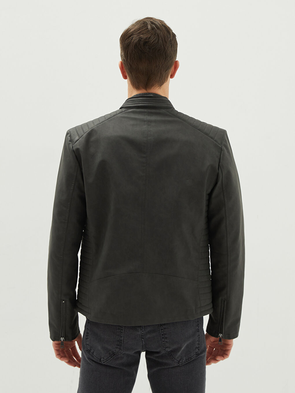 Slim Fit Biker Neck Men's Faux Leather Coat-4