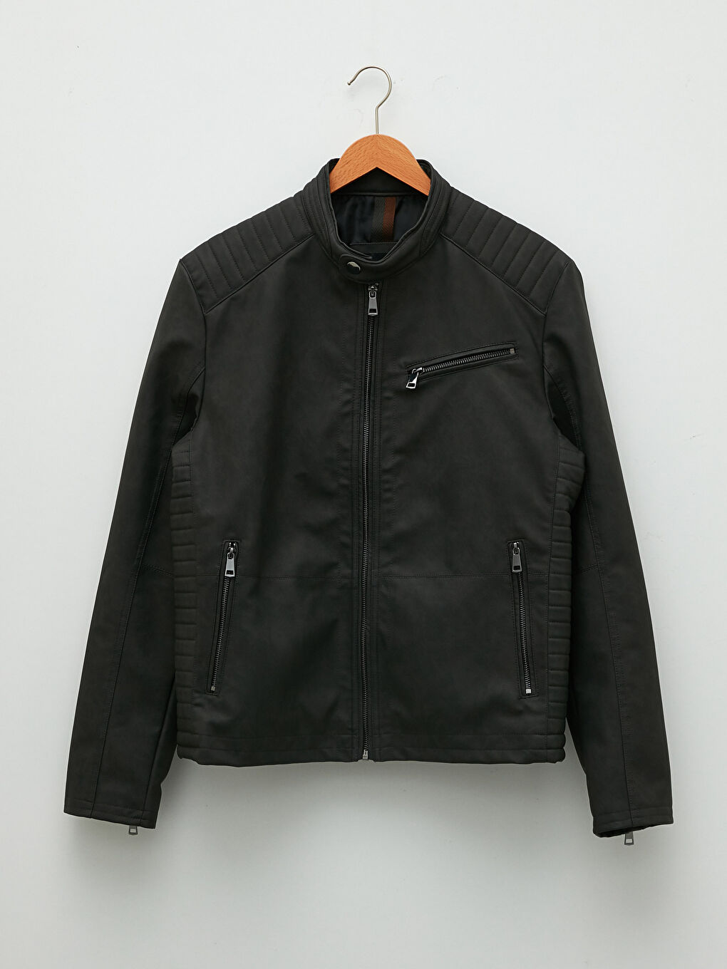 Slim Fit Biker Neck Men's Faux Leather Coat-5