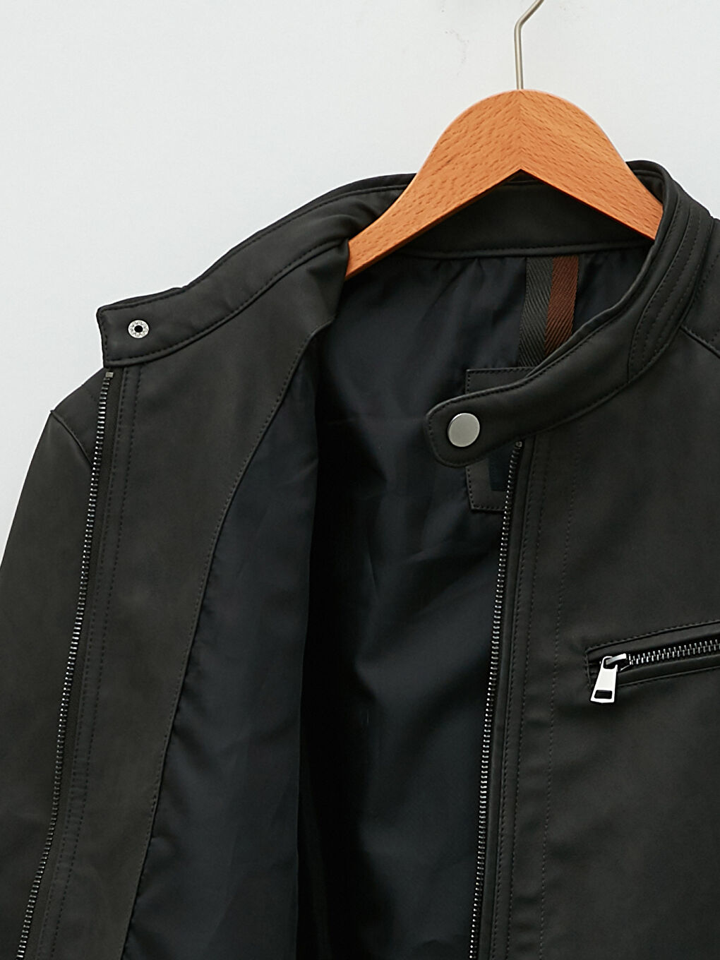 Slim Fit Biker Neck Men's Faux Leather Coat-7