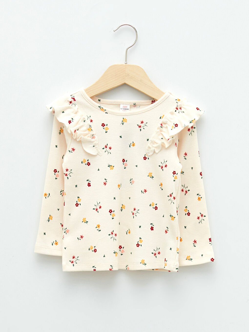 Ekru Fırfırlı Bisiklet Yaka Uzun Kollu Desenli Pamuklu Kız Bebek Tişört