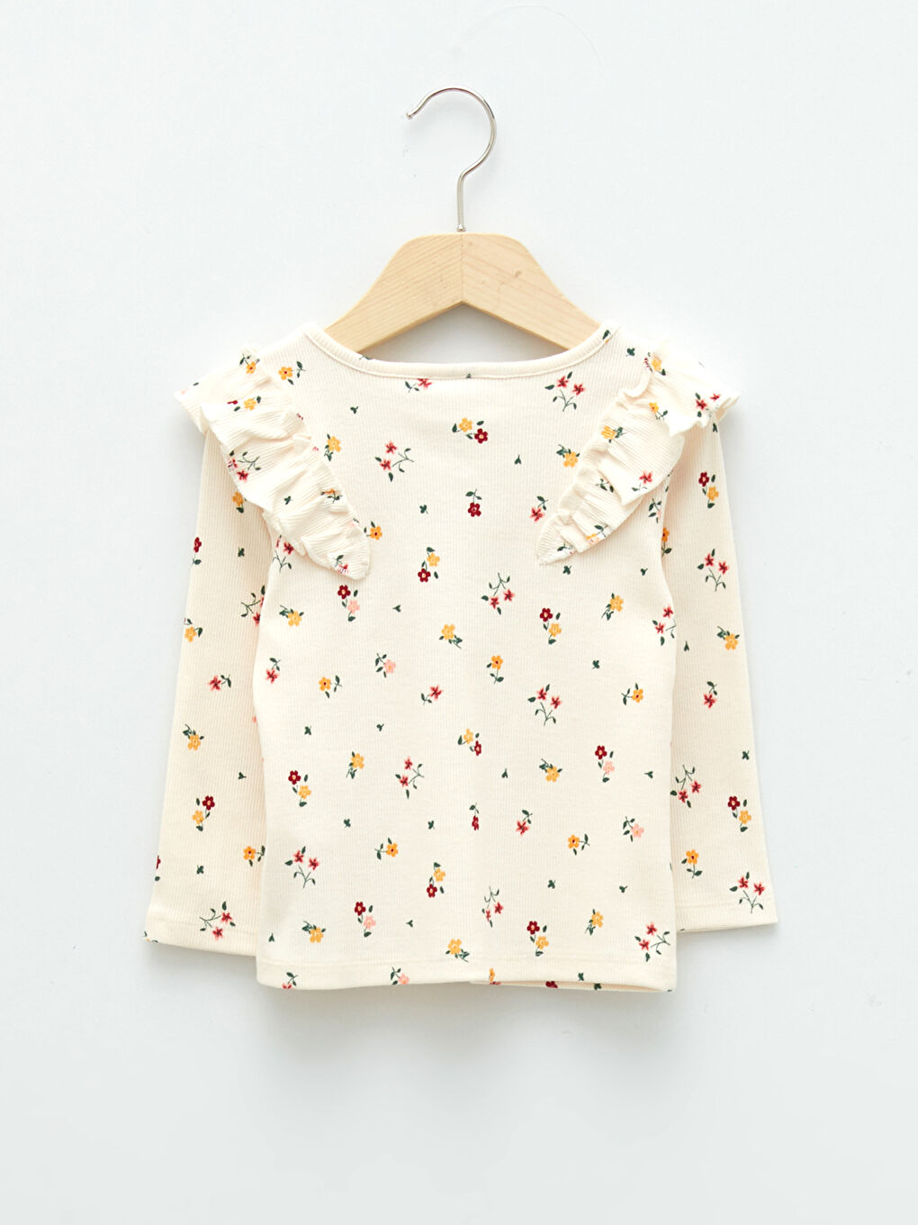 Ekru Fırfırlı Bisiklet Yaka Uzun Kollu Desenli Pamuklu Kız Bebek Tişört-1