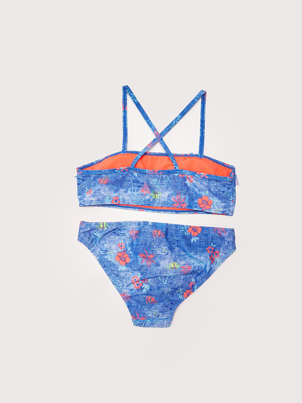 Mavi Esnek Kumaştan Baskılı Kız Çocuk Bikini-1