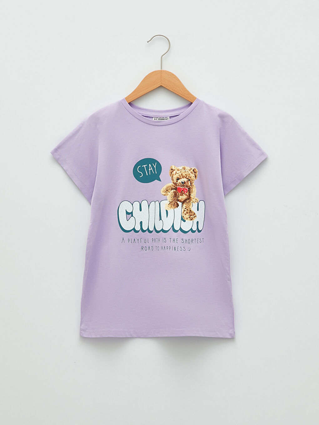 Crew Neck Teddy Bear Printed Girls' T-Shirt
