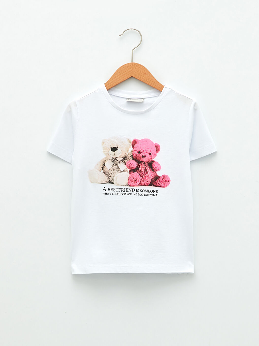 Crew Neck Teddy Bear Printed Girls' T-Shirt