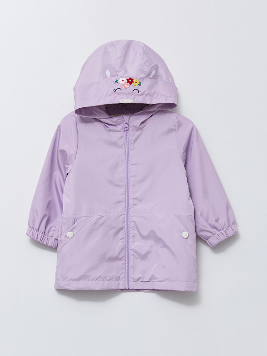 Lila Kapüşonlu Uzun Kollu Baskılı Kız Bebek Yağmurluk