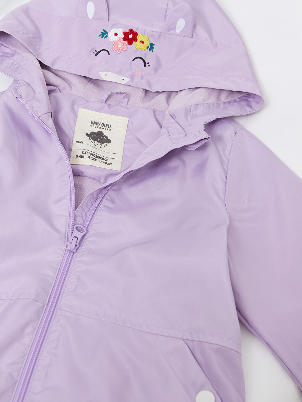 Lila Kapüşonlu Uzun Kollu Baskılı Kız Bebek Yağmurluk-3