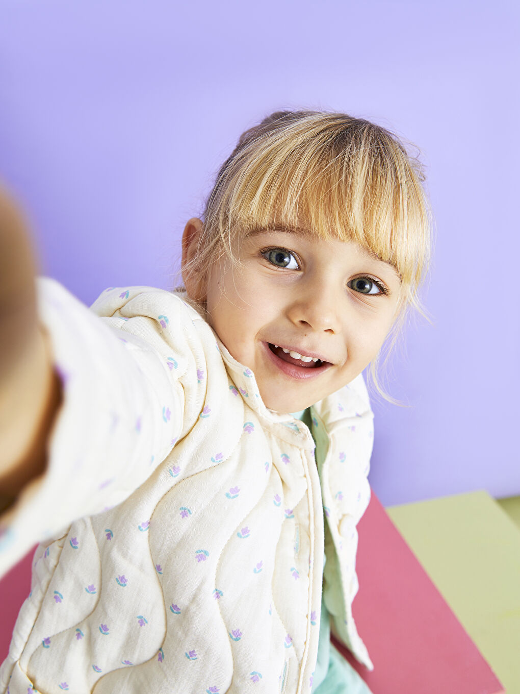 Ekru Gömlek Yaka Uzun Kollu Desenli Kız Bebek Mont-3