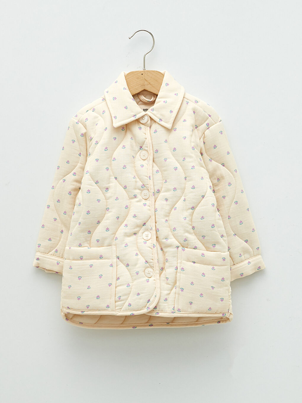 Ekru Gömlek Yaka Uzun Kollu Desenli Kız Bebek Mont-4
