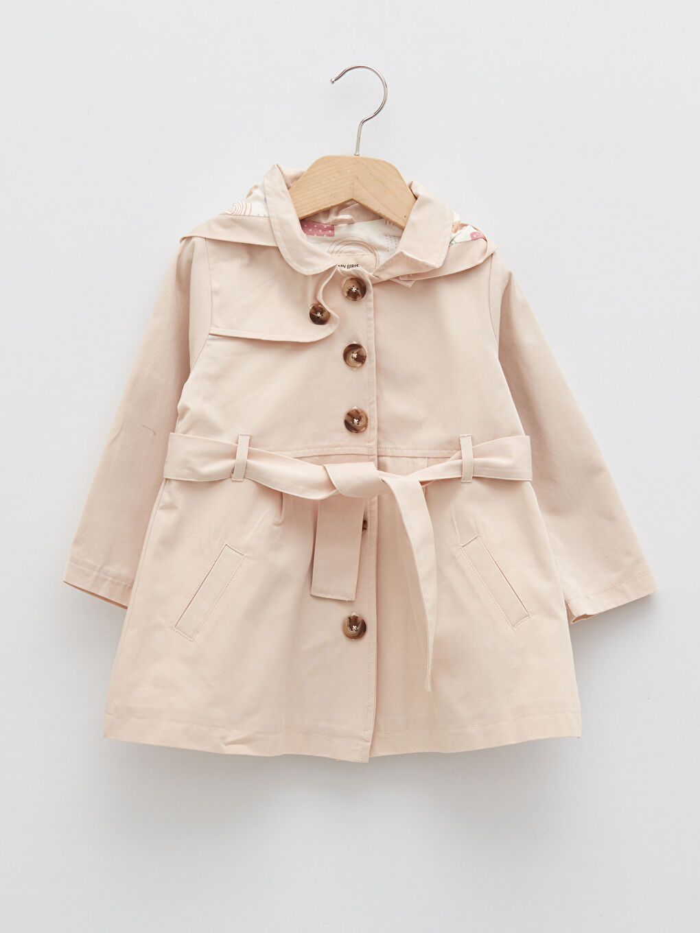 Bej Kapüşonlu Uzun Kollu Basic Kız Bebek Trençkot