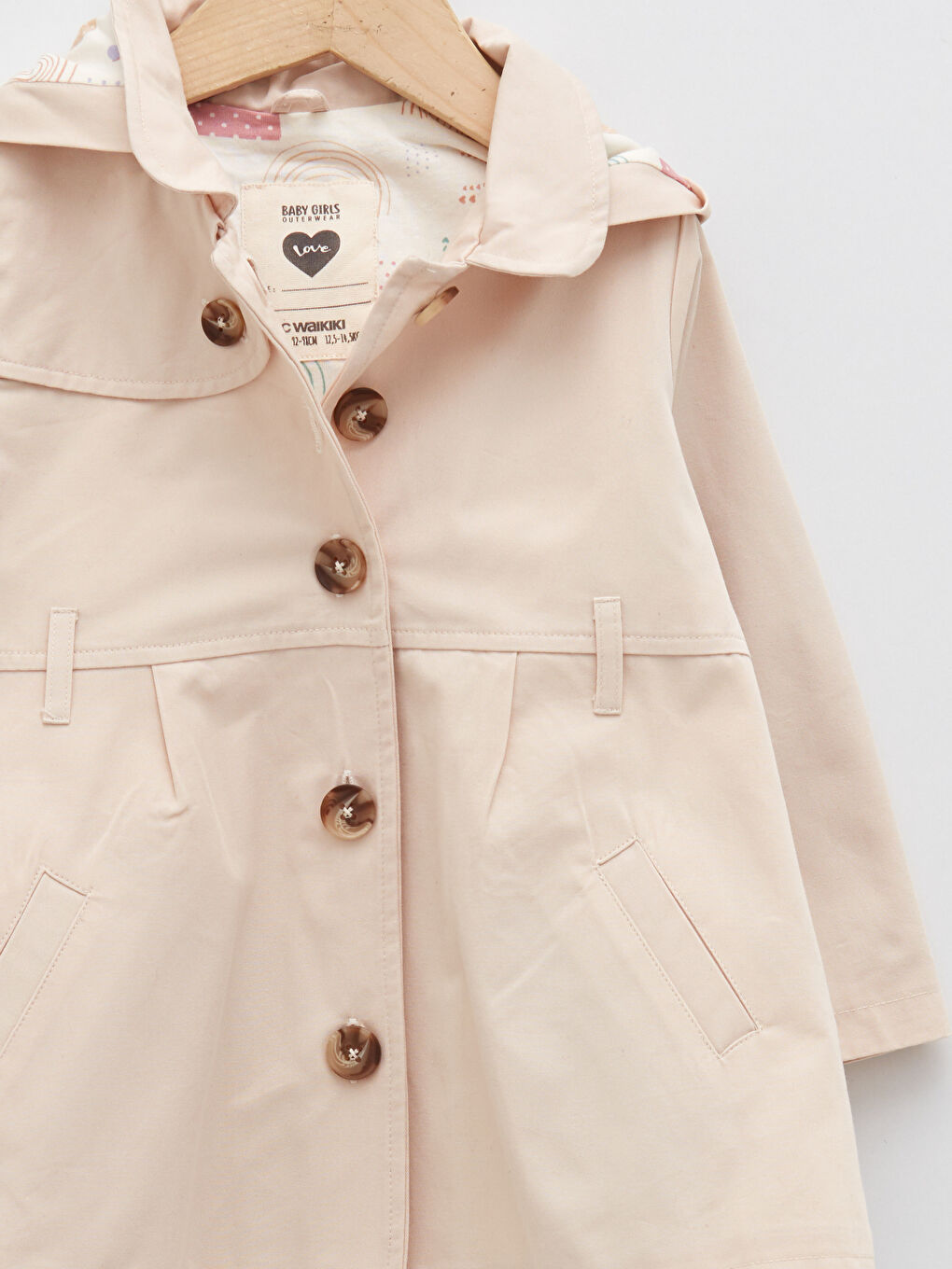 Bej Kapüşonlu Uzun Kollu Basic Kız Bebek Trençkot-2