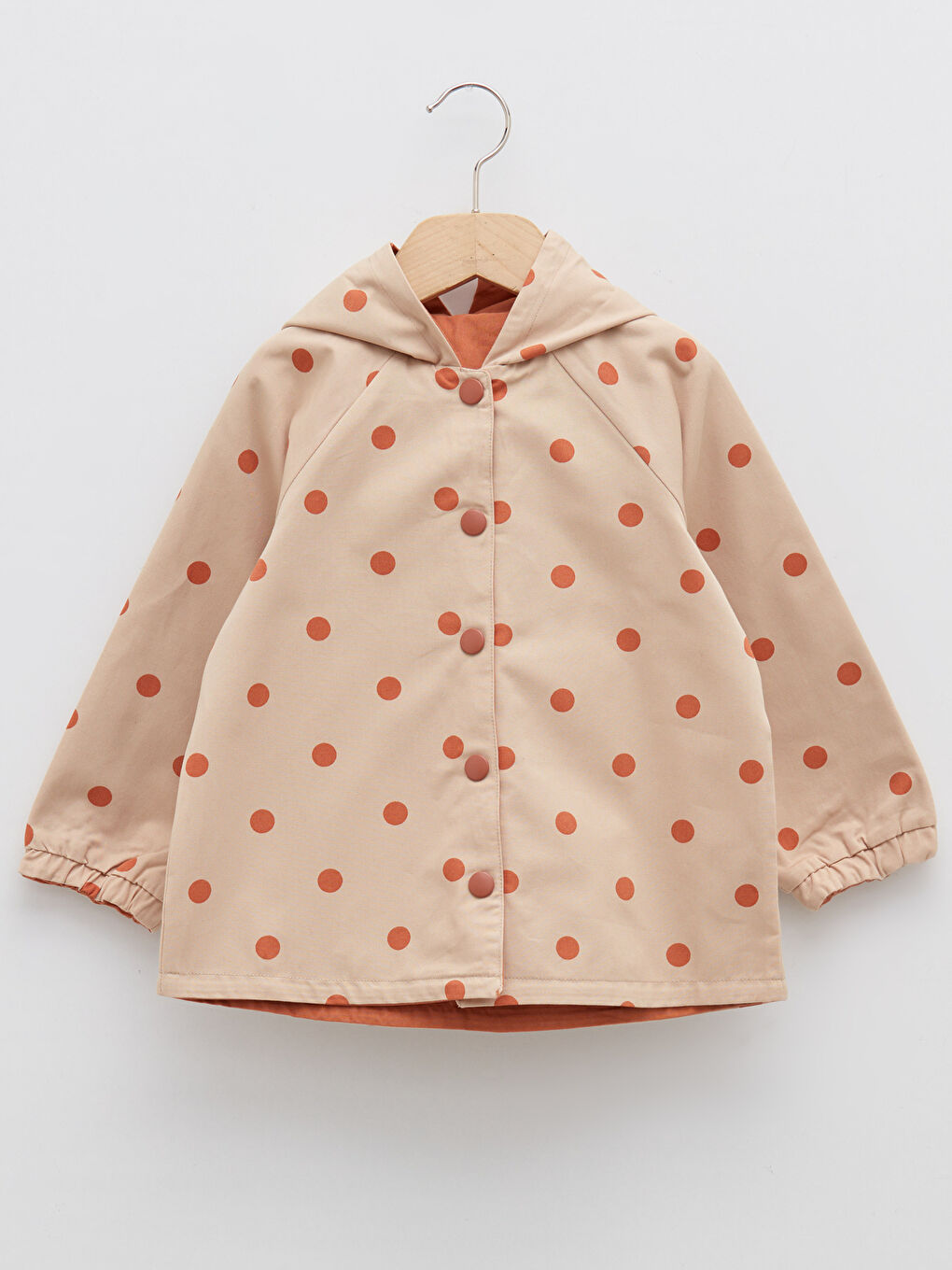 Bej Kapüşonlu Uzun Kollu Baskılı Kız Bebek Çift Taraflı Mont-4