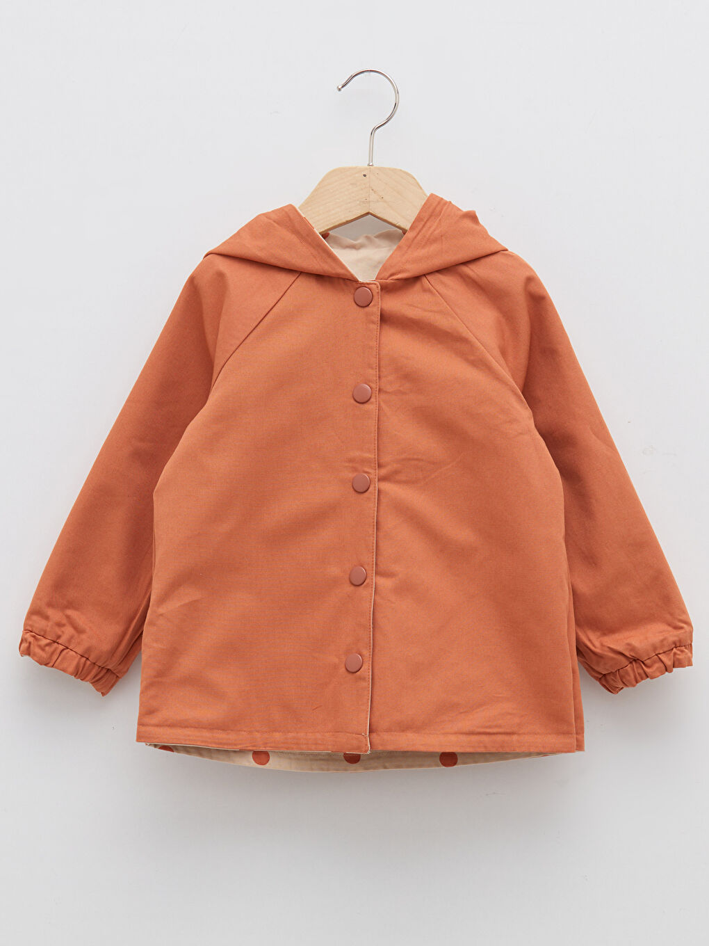 Bej Kapüşonlu Uzun Kollu Baskılı Kız Bebek Çift Taraflı Mont-5