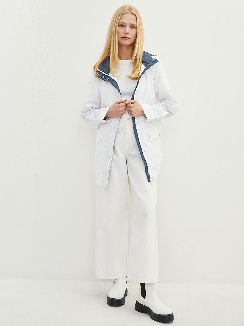 Hooded Straight Pocket Detailed Long Sleeve Women's Raincoat-2