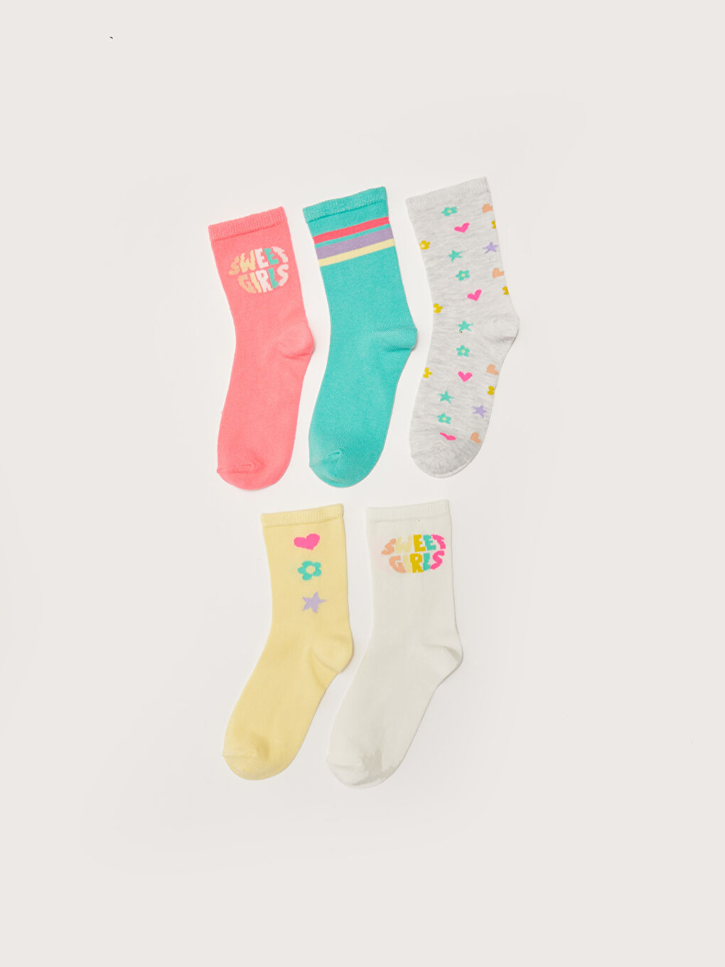Pembe Desenli Kız Çocuk Soket Çorap 5'li-1