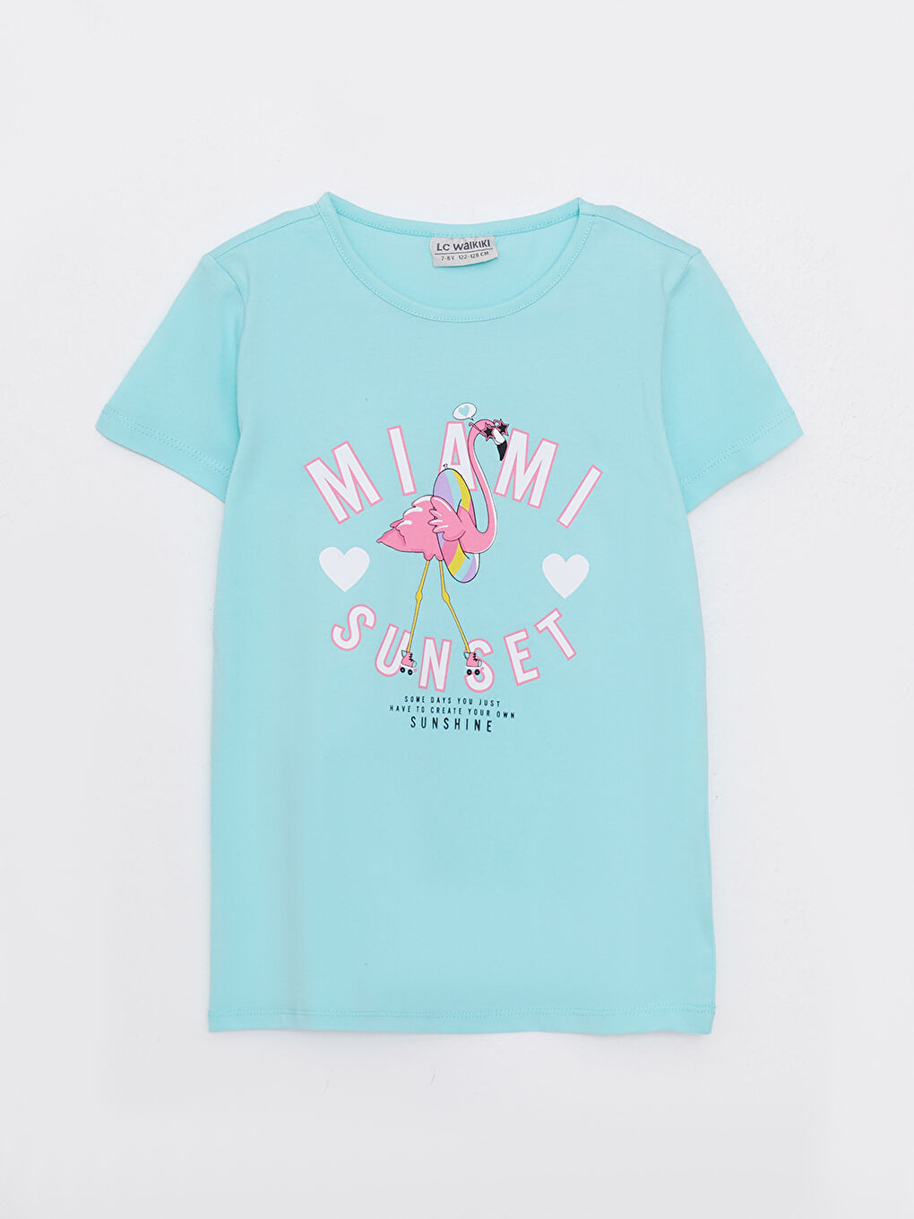 Turkuaz Bisiklet Yaka Baskılı Kısa Kollu Pamuklu Kız Çocuk Tişört