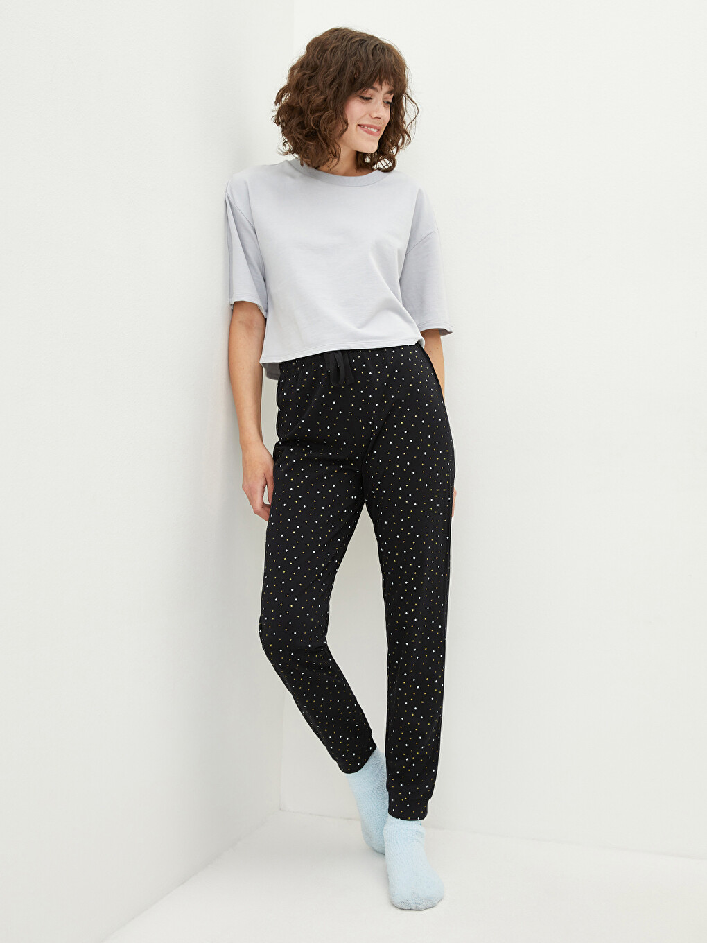 Siyah Beli Lastikli Puantiyeli Kadın Pijama Alt