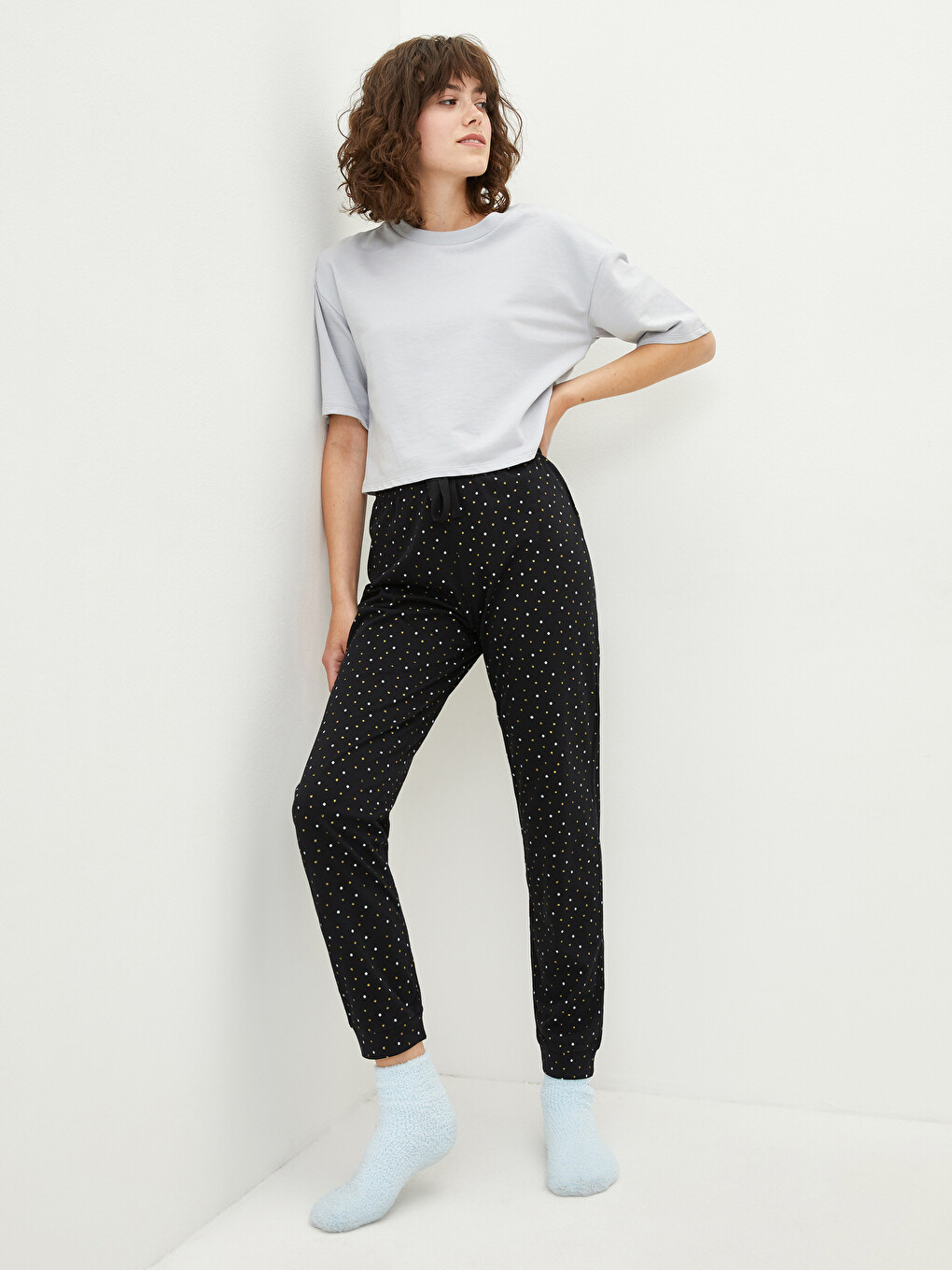 Siyah Beli Lastikli Puantiyeli Kadın Pijama Alt-1