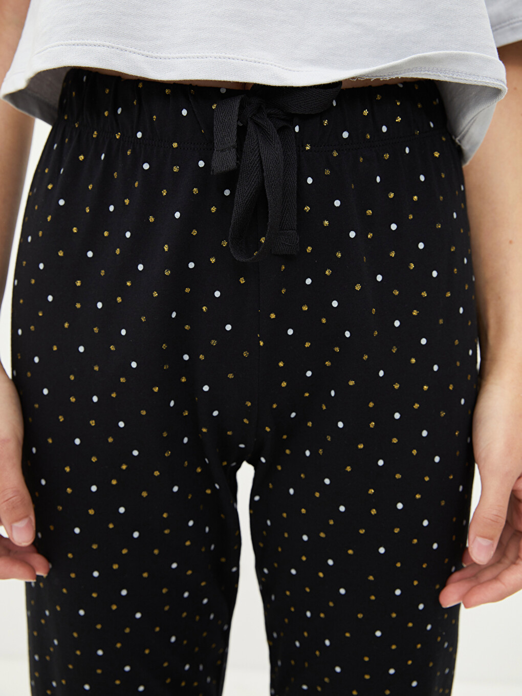 Siyah Beli Lastikli Puantiyeli Kadın Pijama Alt-2