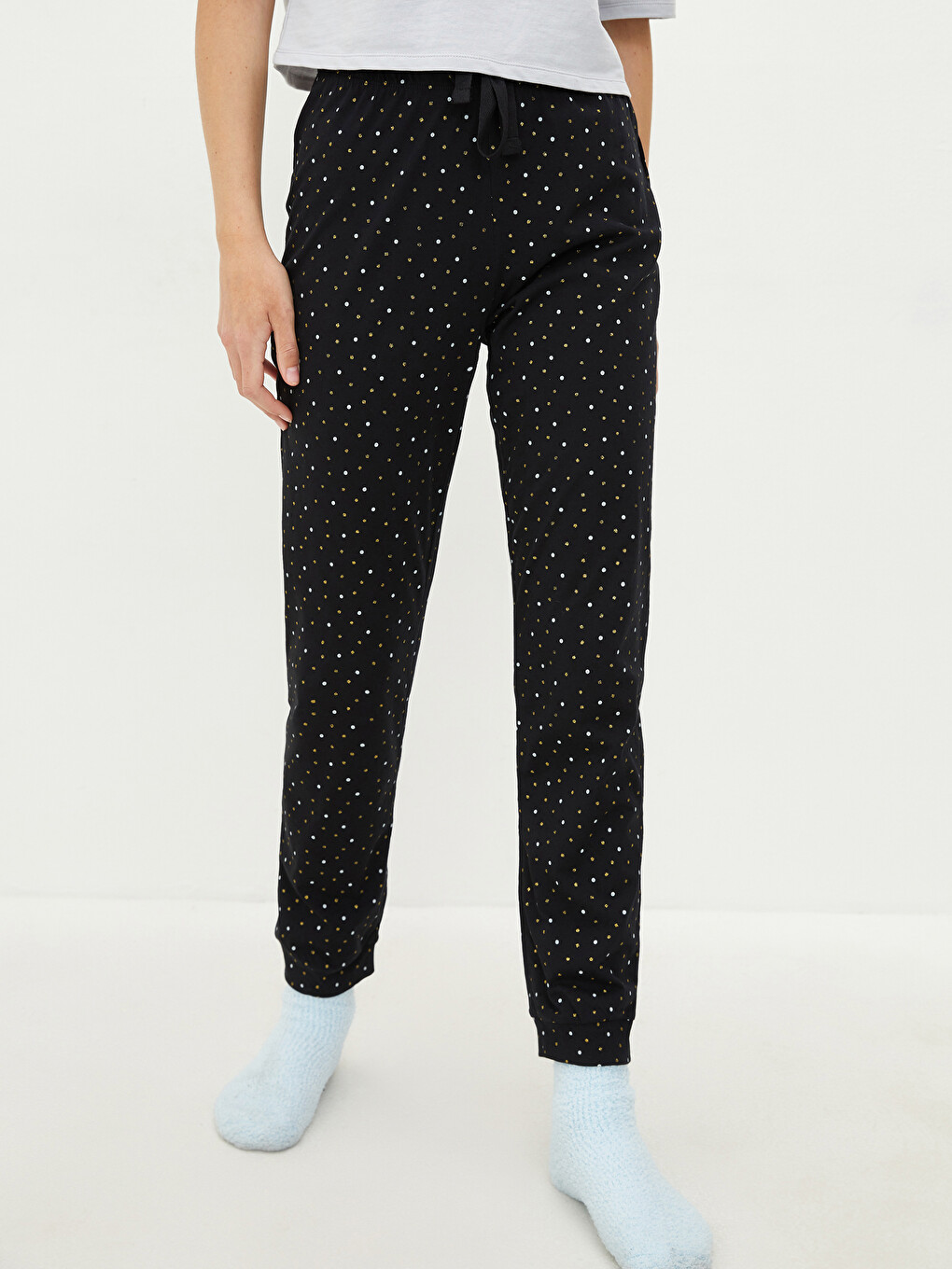 Siyah Beli Lastikli Puantiyeli Kadın Pijama Alt-3