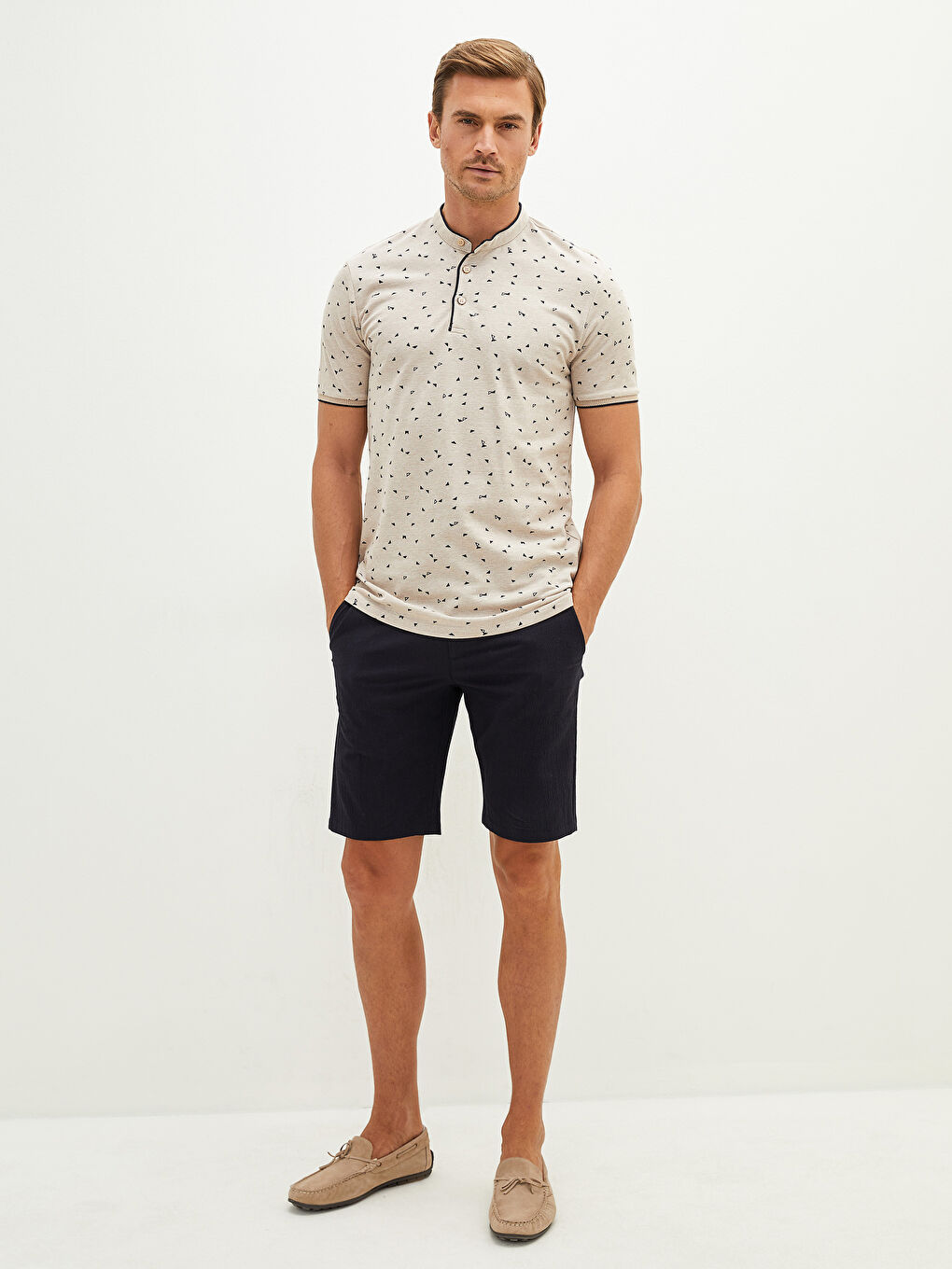 Bej Hakim Yaka Kısa Kollu Desenli Pike Erkek Tişört-3