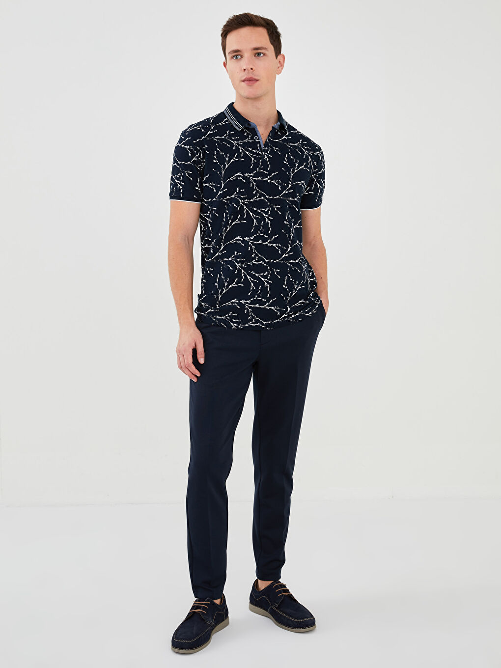 Lacivert Polo Yaka Kısa Kollu Desenli Pike Erkek Tişört-2