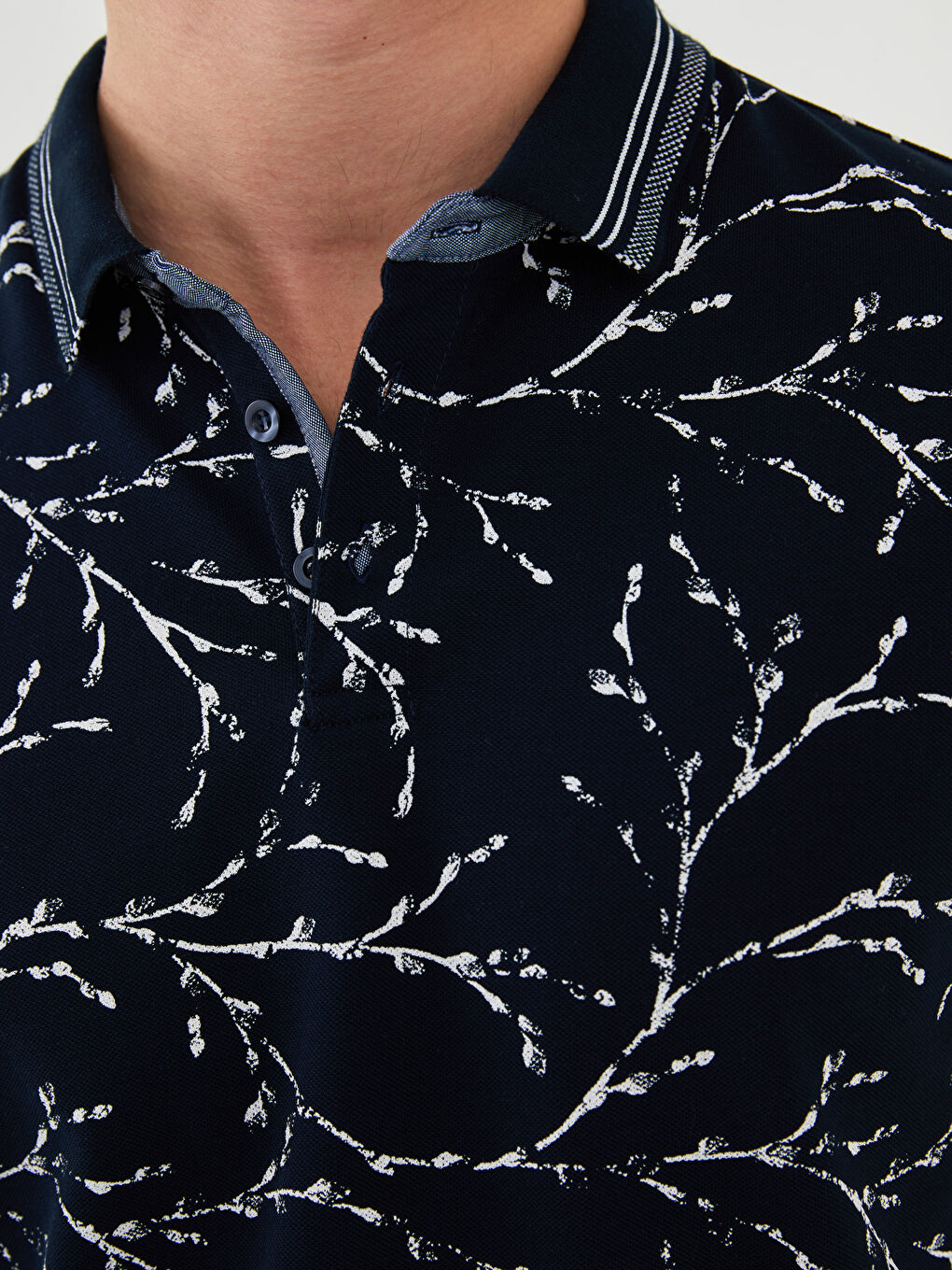 Lacivert Polo Yaka Kısa Kollu Desenli Pike Erkek Tişört-3