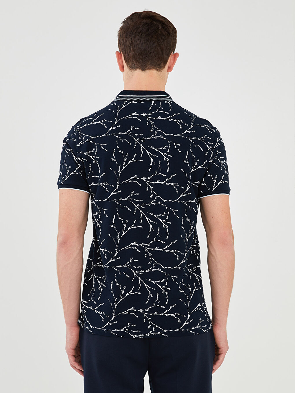 Lacivert Polo Yaka Kısa Kollu Desenli Pike Erkek Tişört-4